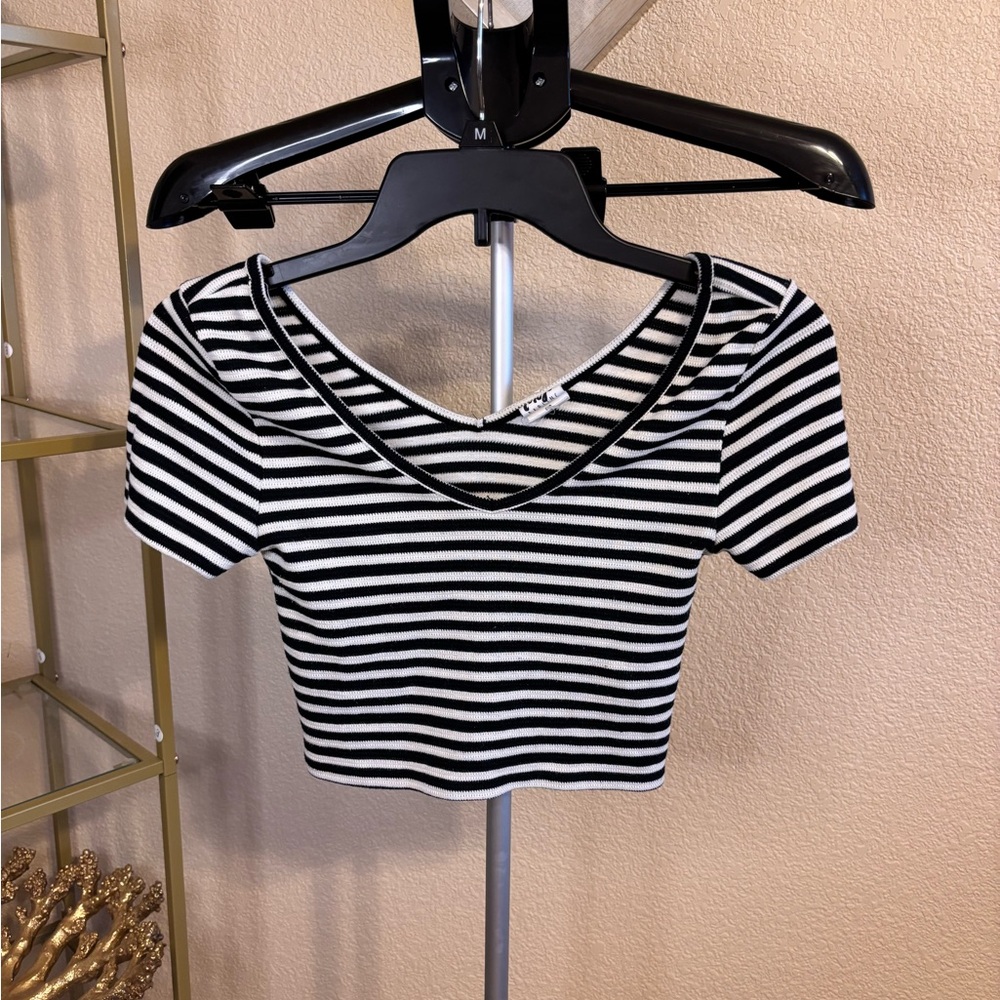 Tokyo Darling Y2K Striped Crop‎ Top Double V Neck Baby Tee S